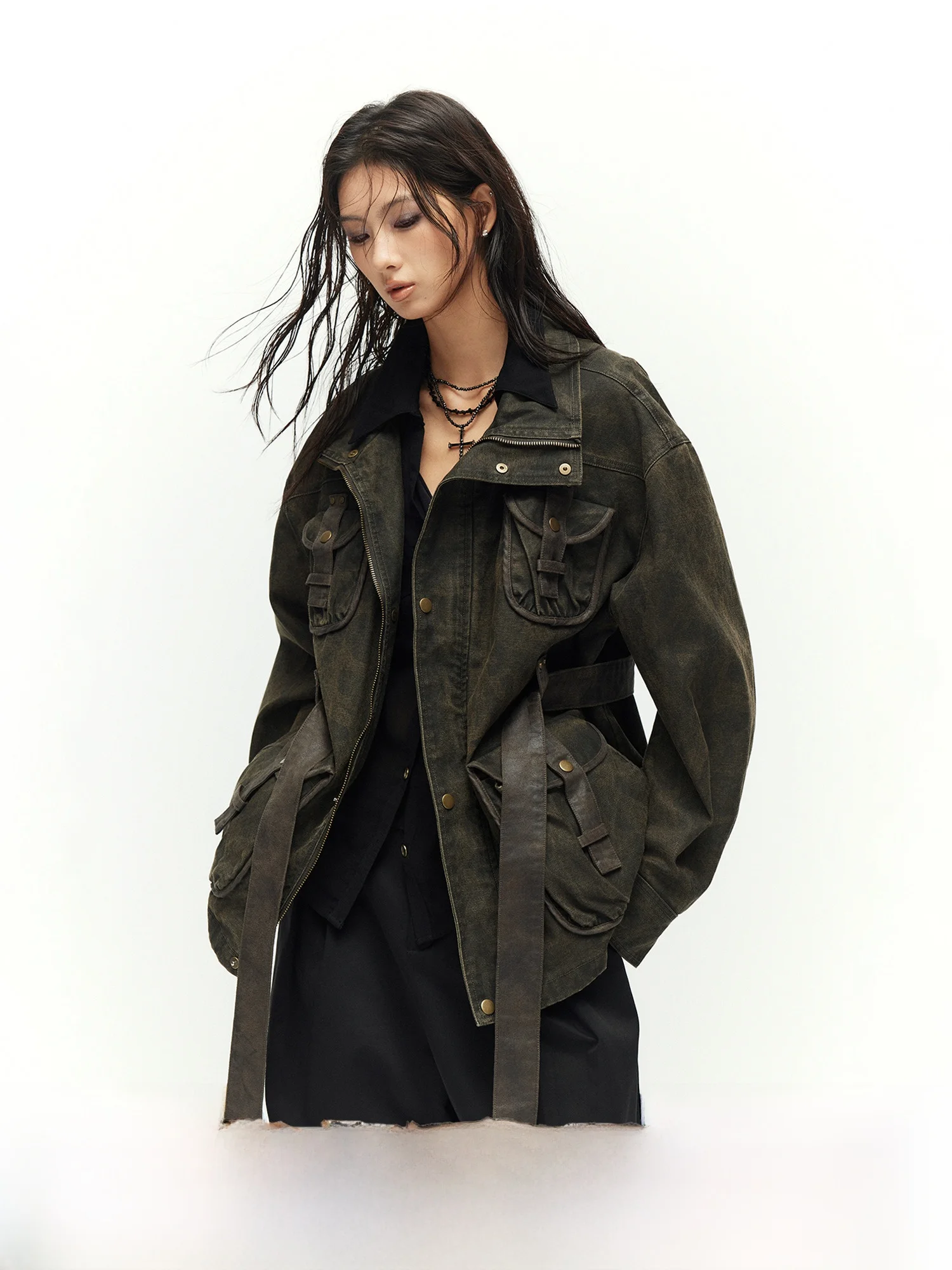 

Thiened Low Pixel Parka Long Sve Stand Collar Women's Jaet Retro Workwear Sle Multi ket ort Coat for Ladies