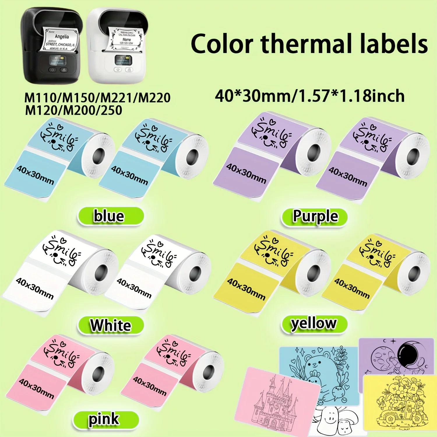 Thermal adhesive labels in a variety of colors; 40x30mm self-adhesive general-purpose label tape; compatible with M110/M221/M220/M120/M200 label printers; ideal for home, school, and office use; perfect for addresses, barcodes, and standard laminated offi