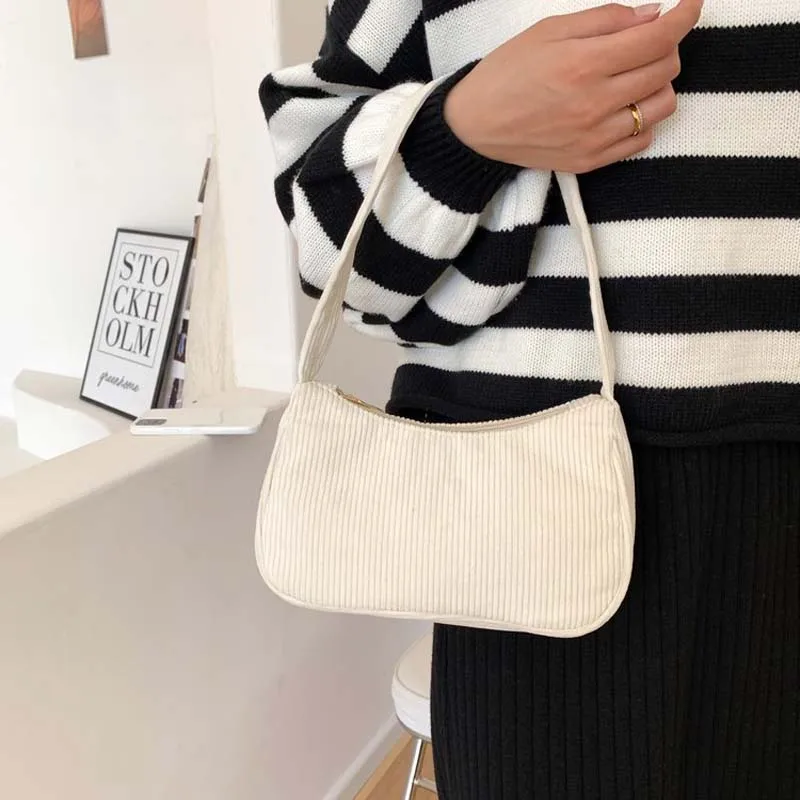 Fashion Vintage Corduroy Women Handbags Underarm Bag Casual Shoulder Bags Solid Color Zipper Female Handbag Clutch Chain Bag