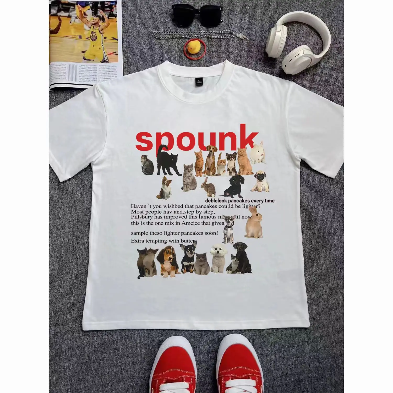 

benmyshower American vintage cat and dog print short sleeve men's and women's fashion brand pure cotton loose T-shirt