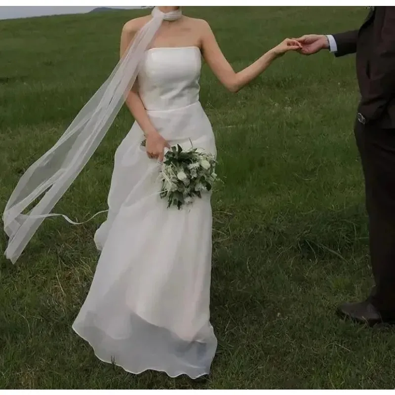 

Новейшие простые свадебные платья, сексуальное вечернее платье без бретелек с открытой спиной, элегантное свадебное платье трапециевидной формы длиной до пола