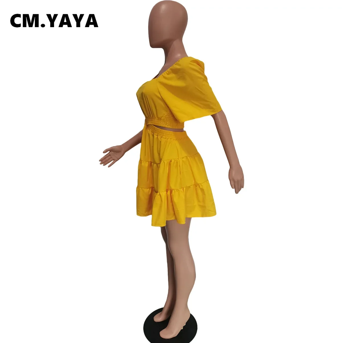 Women Cut Out High Waist Open Back Half Sleeve Big Swing Ruffle Hem Smock Dress 2024 Summer Female Street Yellow Dresses