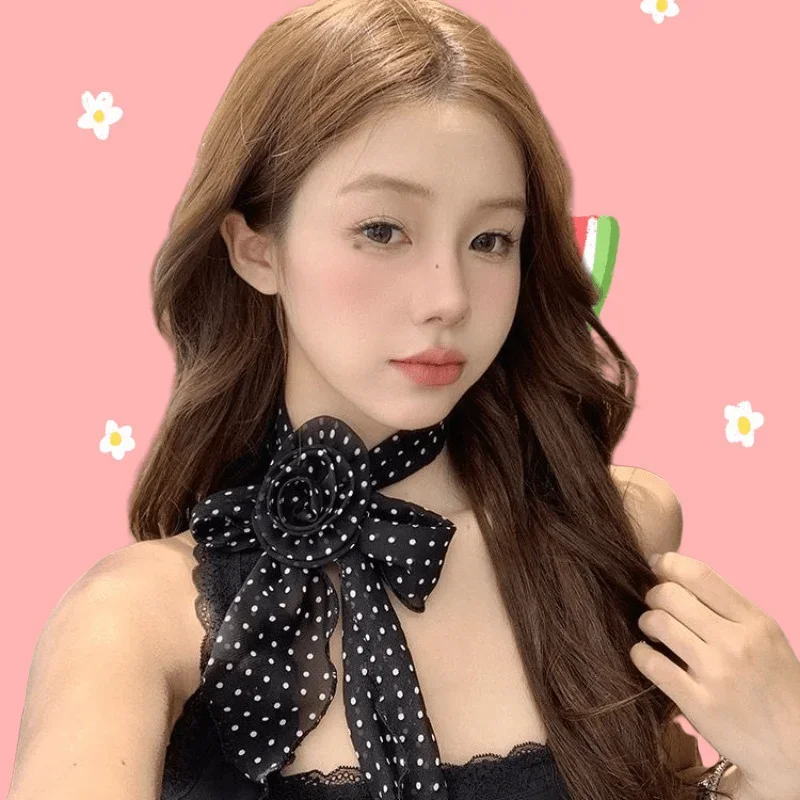 

Elegant Rose Flower Long Satin Scarf Soft Pure Color Neckerchief Collar Decoration Kerchief Scarves