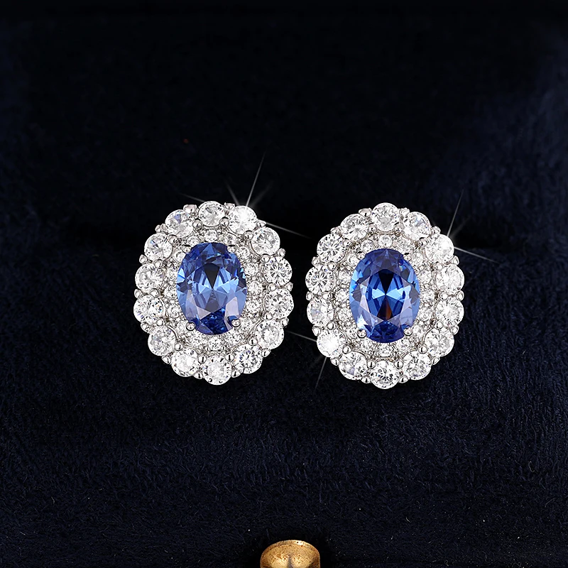 Huitan Noble Women's Stud Earrings with Blue Cubic Zirconia Wedding Anniversary Party Elegant Lady Accessories Fashion Jewelry