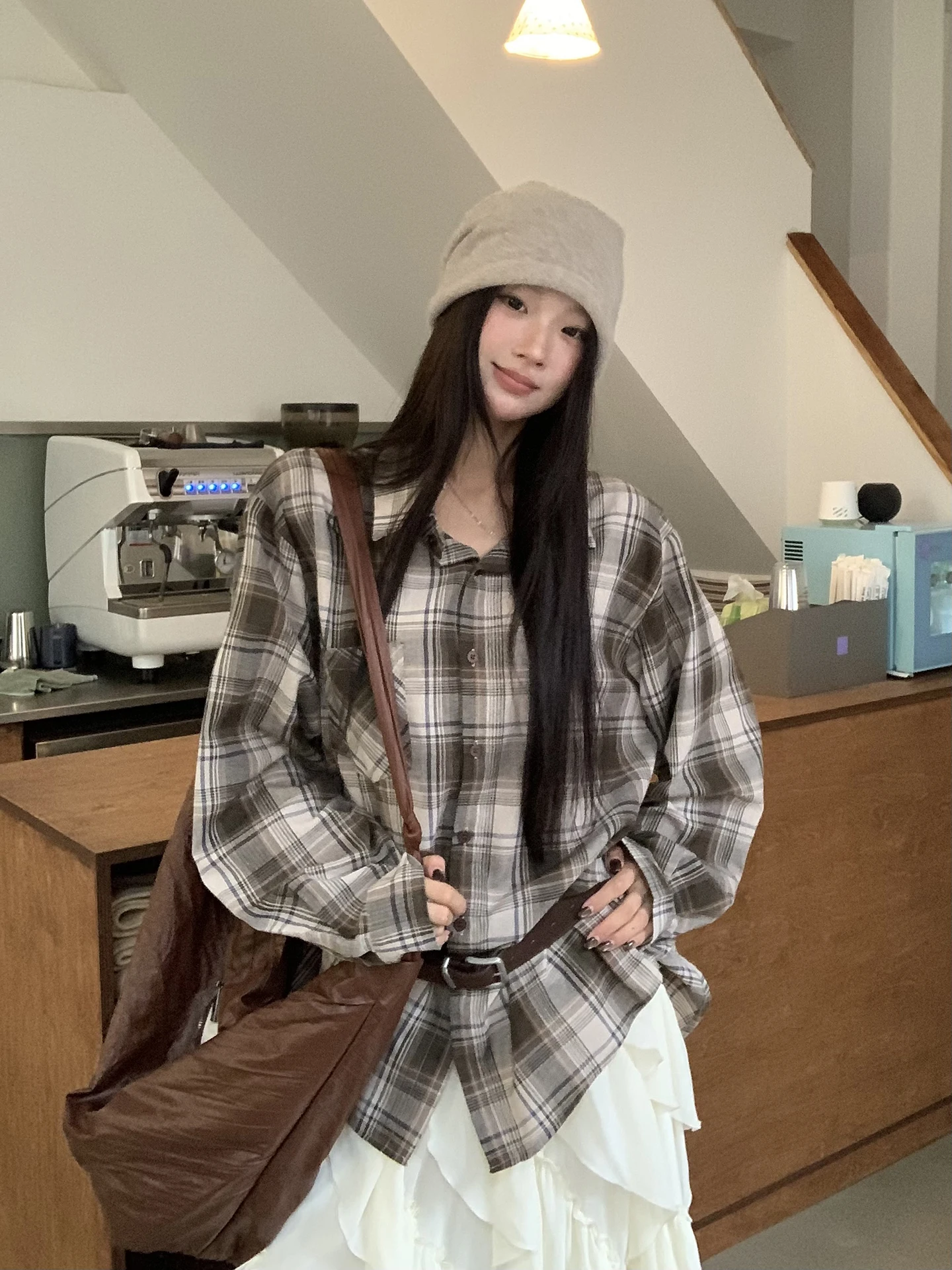 

Red Personali Plaza Plaid irt Women Early Autumn 2025 New Very Beautiful Loose Long Sve Coffee Color Women's irt