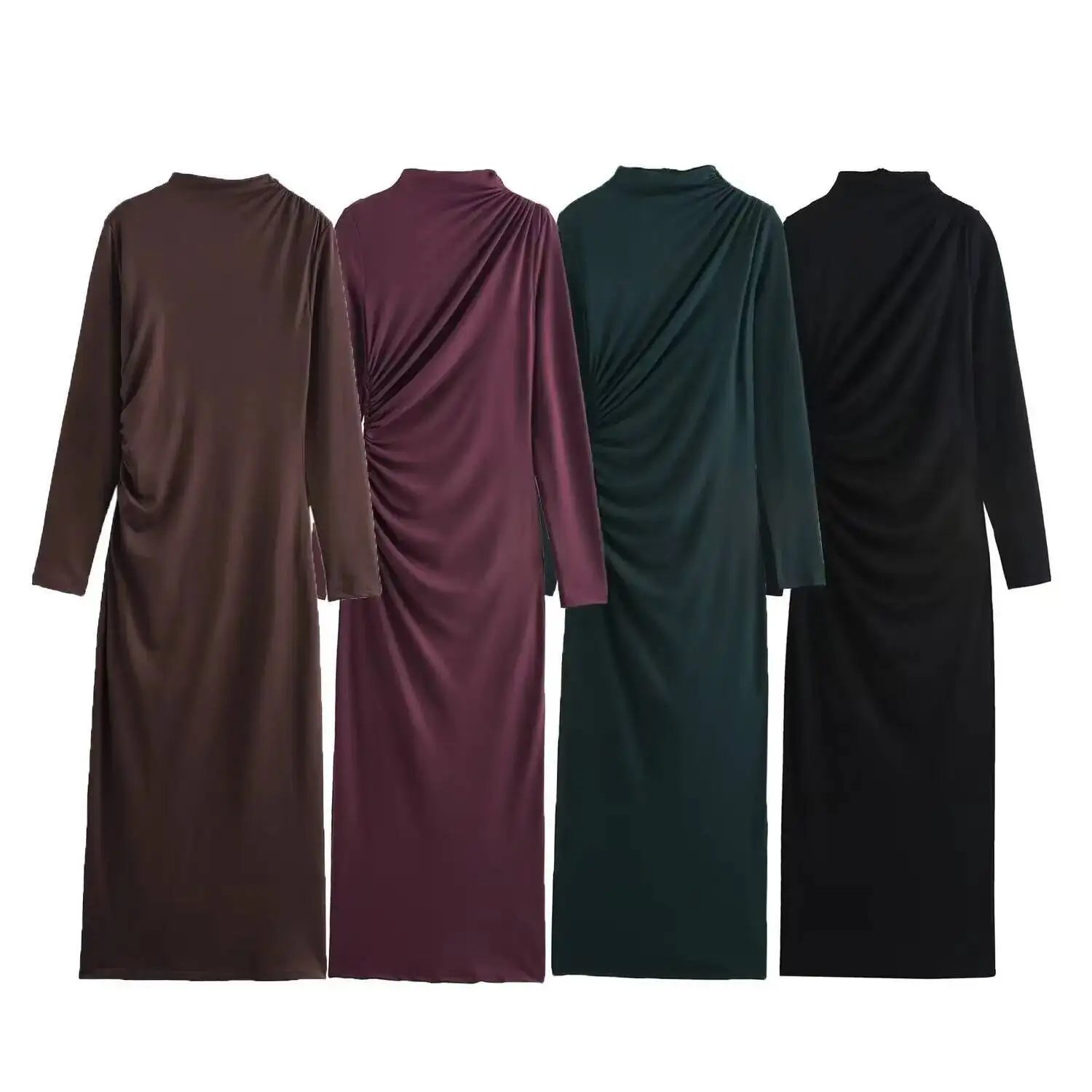 

Pleated Effect Midi Solid Slim Fit For Three Color Long Sleeve Women Dresses Party Dress
