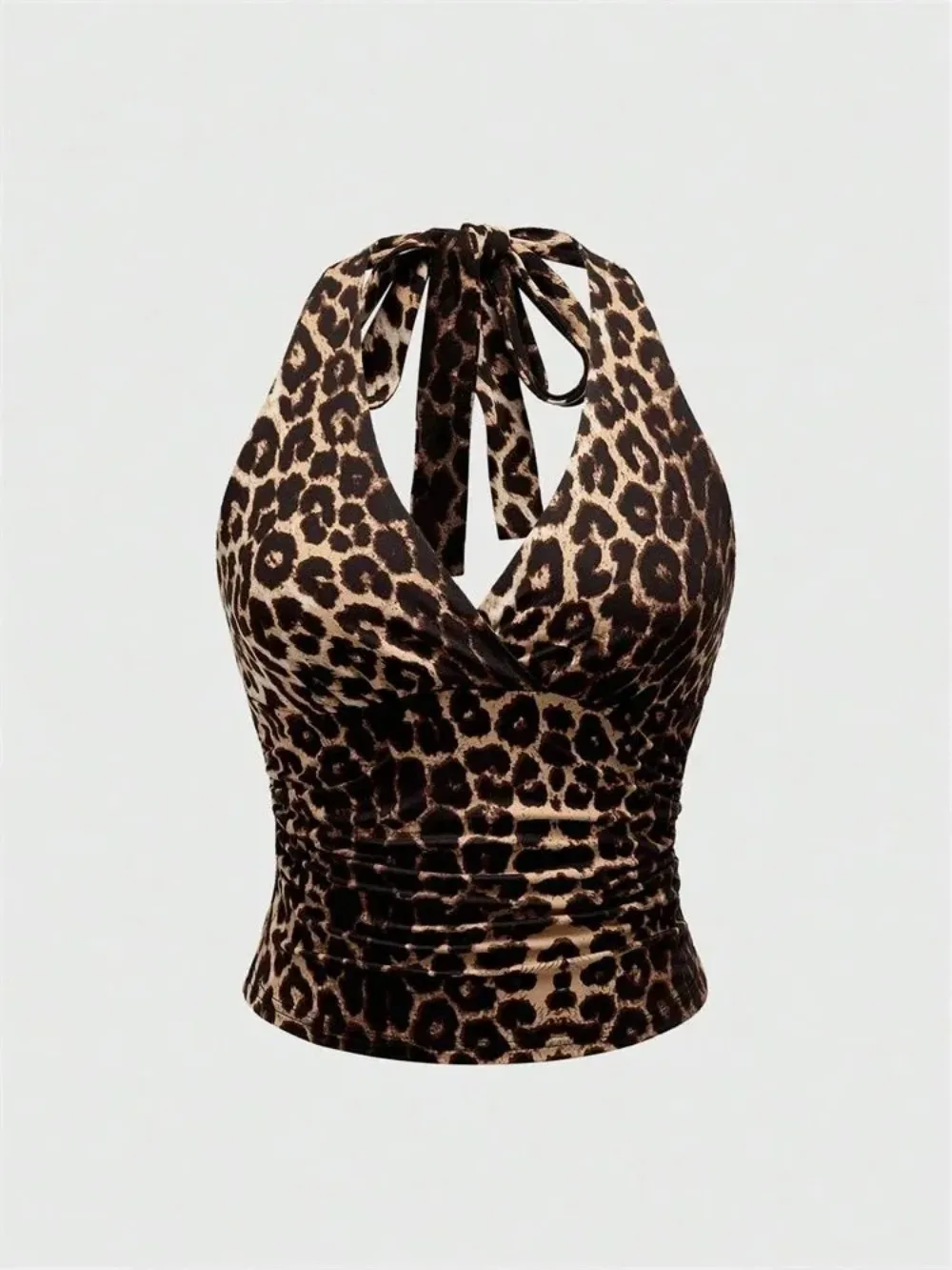 

Leopard Printed V-neck Backless Halter Crop Top for Women Summer Sexy Ruched Top Streetwear