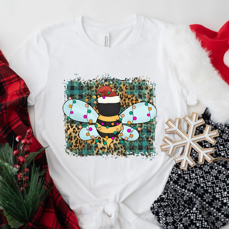 

New Fashion Christmas Bee Print T-Shirt Girl T Shirt Soft Print Top Unisex Tee Clothing Casual O-Neck Short Sleeve