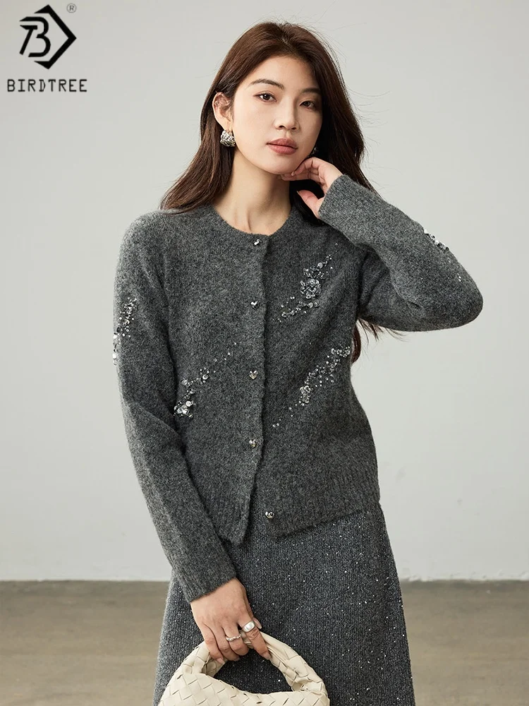 

Вязаный кардиган из смеси шерсти Birdtree с пайетками, женское пальто с длинными рукавами и круглым вырезом, осенний однобортный теплый свитер 2025 T59730JF