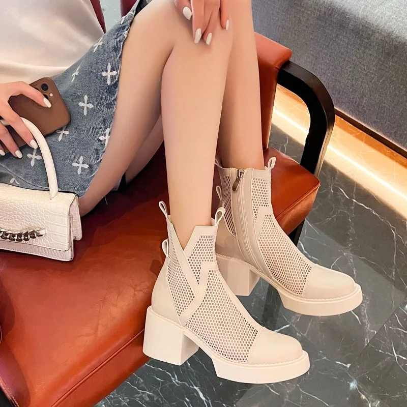 Summer White Hollow Women\'s Thick Heel High Heel Mesh Boots with Small Short Boots Breathable Thin Style