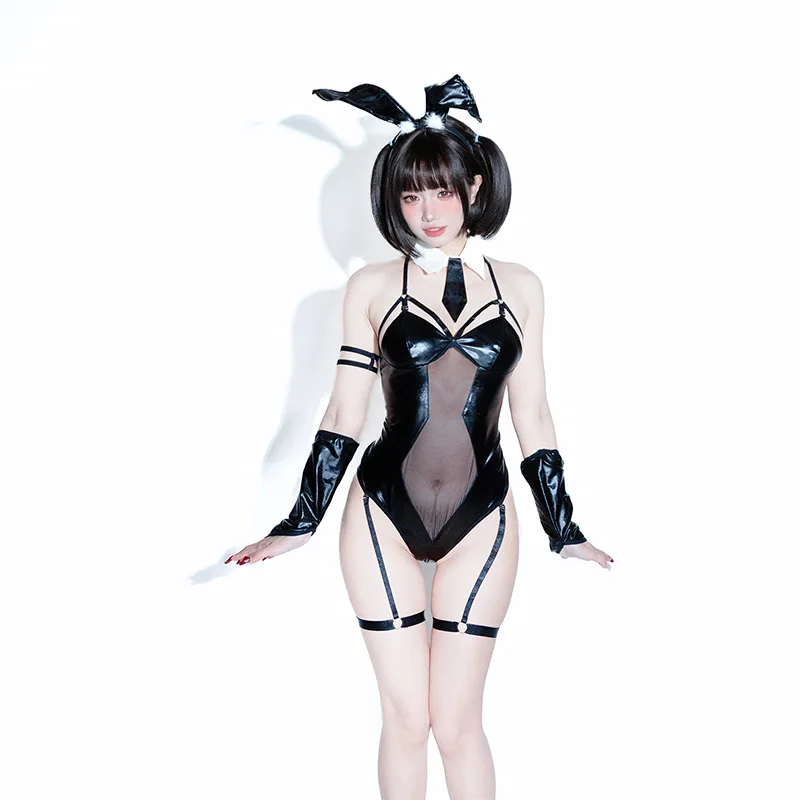 Women Sexy Bunny Girl Lolita Maid Cosplay Costumes Leather Bodysuit Rabbit Ears Uniform Sexy Transparent Halloween For Party