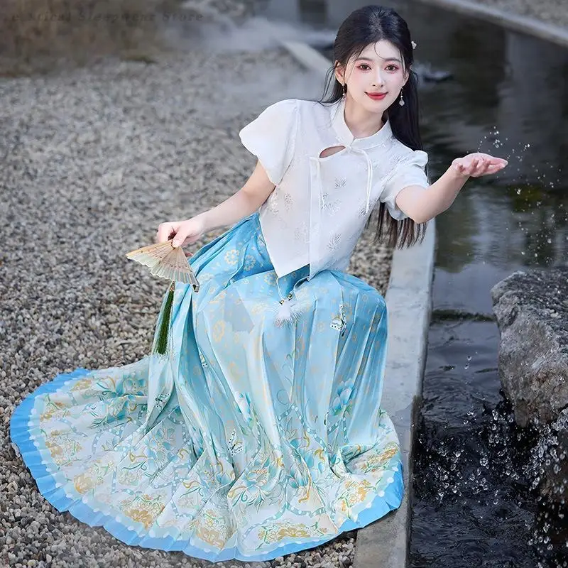 Vintage traditionelle Kleidung Hanfu klassische elegante Jacquard Pferd Gesicht Rock weiß Tops chinesischen Stil Cosplay Kostüm Tang-Anzug