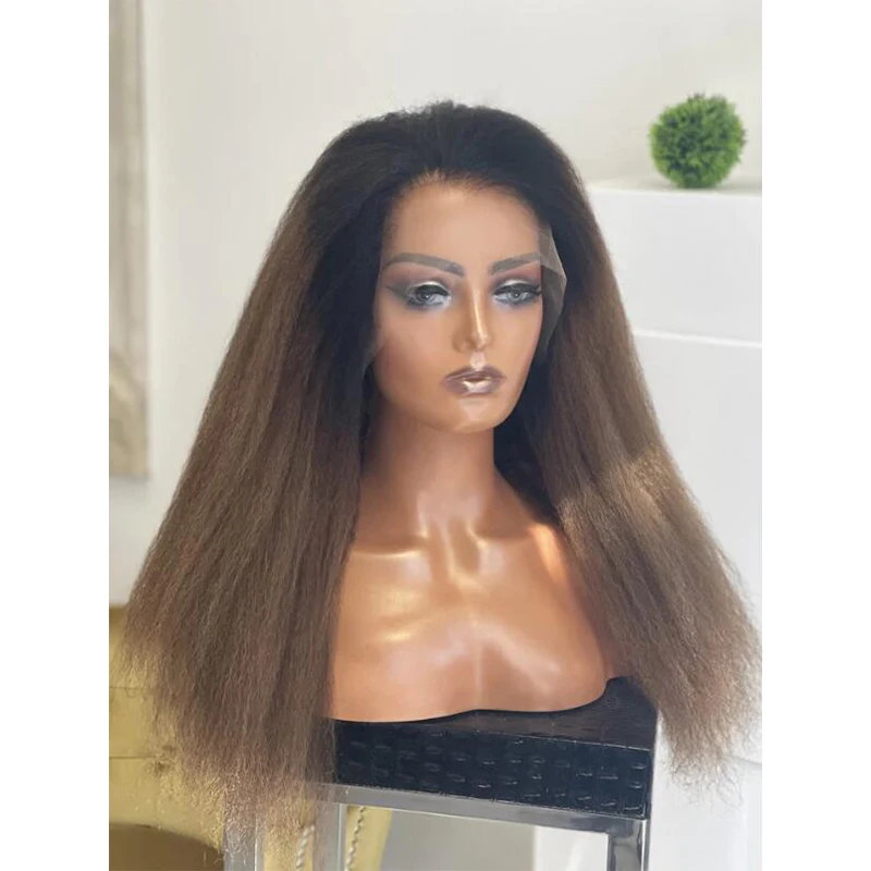 

Soft Preplucked Yaki Ombre Brown30Inch Long Kinky Straight Deep Lace Front Wig For Black Women With Baby Hair Synthetic Glueless