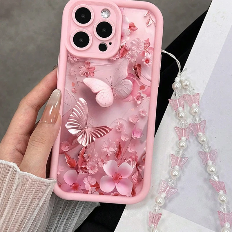 Rosa Blumen Schmetterling Lanyard Handyhülle für iPhone 17 16 15 14 13 12 11 Pro Max 16E XS XR 7 8 Plus Silikon Weiche Luxus-Hülle – Detail 6