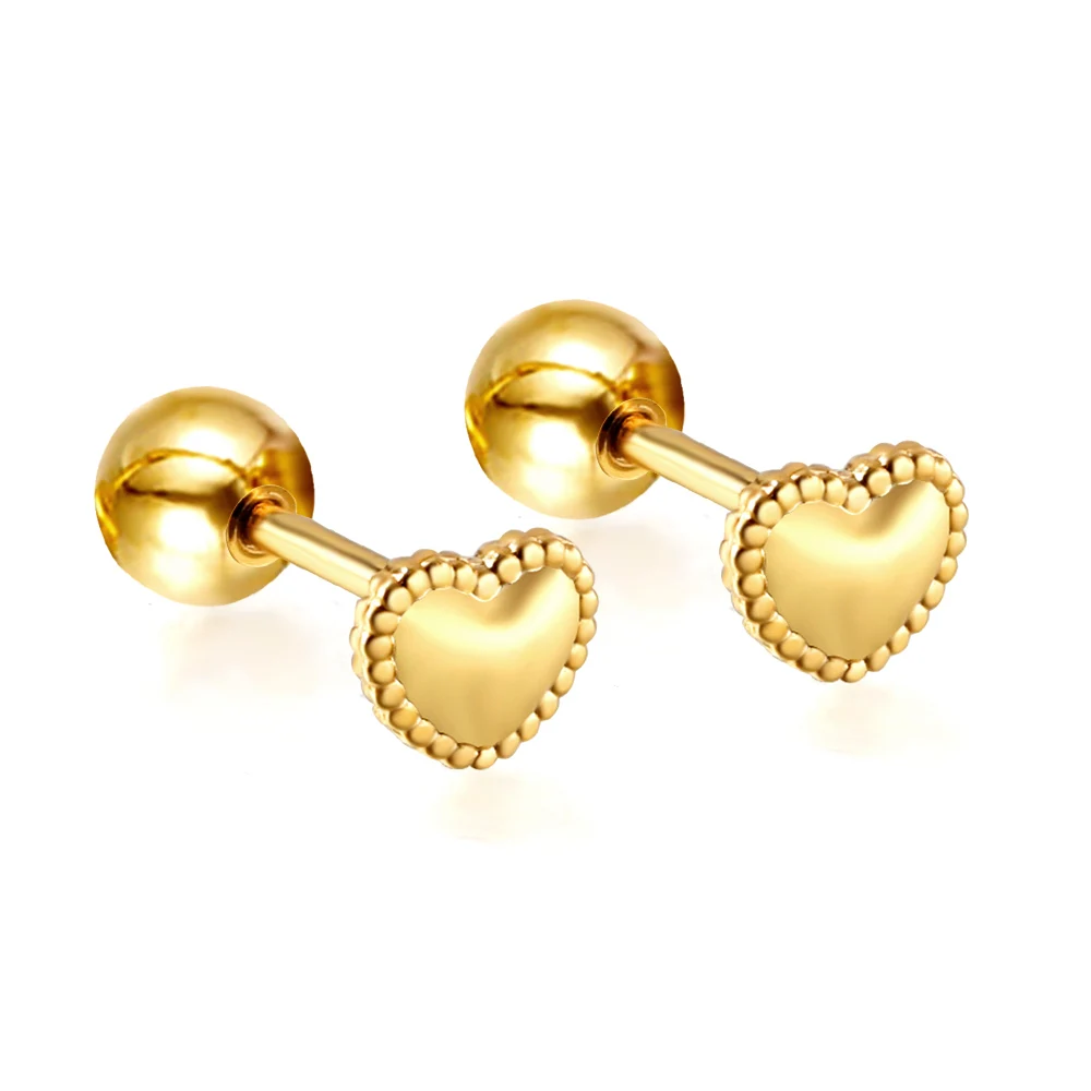 6 Pairs Wholesale Mini Heart Stud Earrings Stainless Steel 4mm Gold Beaded Edge Bulk Screw Back Piercing Jewelry For Women