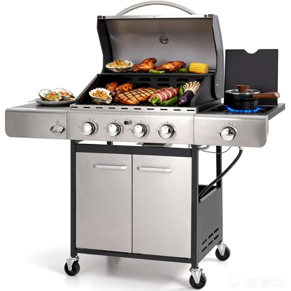 4-Burner Propane BBQ Grill Outdoor Cooking Stainless Steel Barbecue with Side Burner and Porcelain Enameled Cast Iron