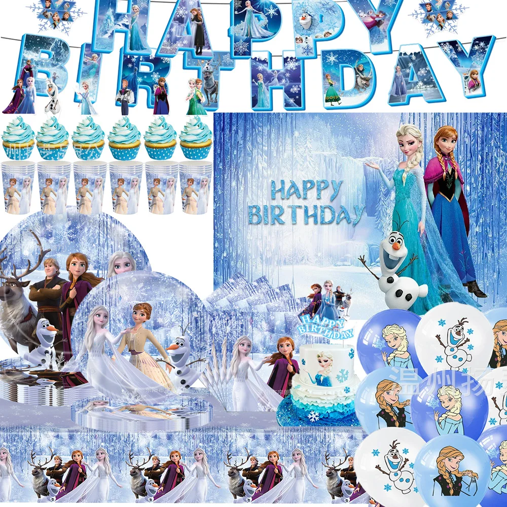 

Disney Frozen Castle Theme Birthday Party Supplies Disposable Tableware Elsa Princess Balloon Plates Cup Banner Napkin Girl Gift