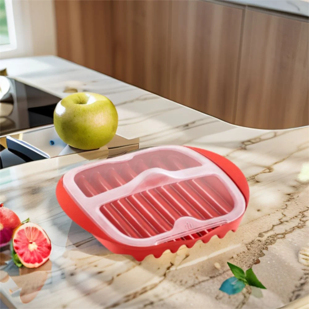 

With Lid Microwave Bacon Pan Wave Anti-stick Design Red Microwave Bacon Cooker Plastic Heating Evenly Bacon Tray Grilling
