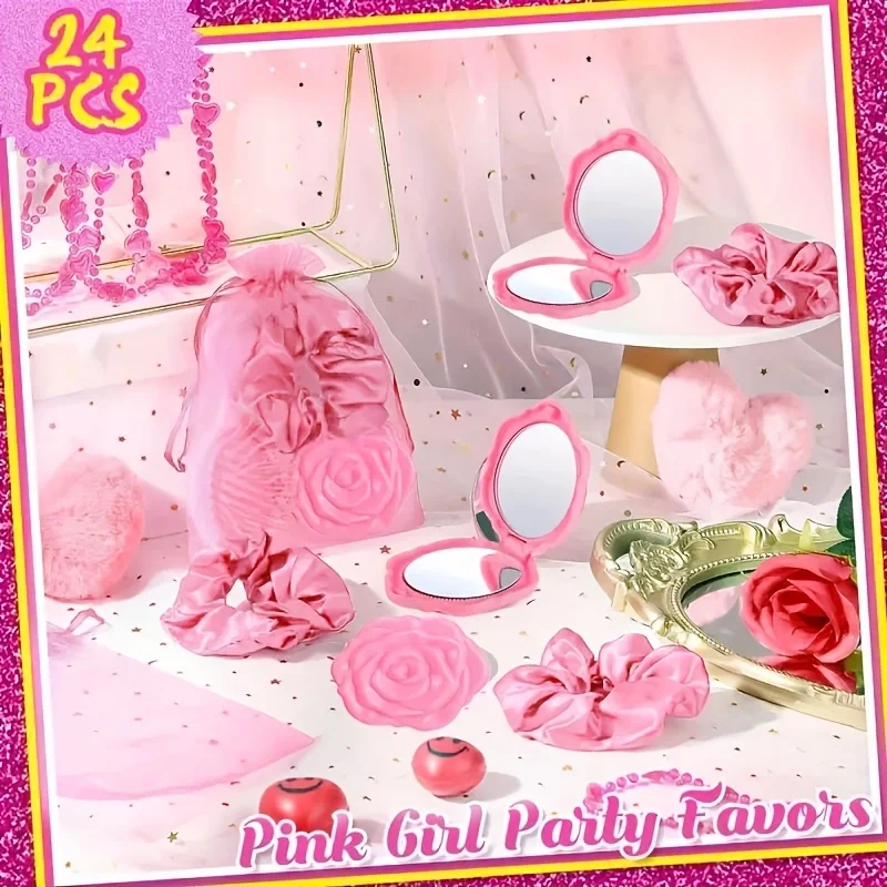 24 Piece Pink Princess Party Gift Set, Spa Party Headband, Pocket Mirror and Mesh Bag Suitable for Weddings, Bachelorette Partie