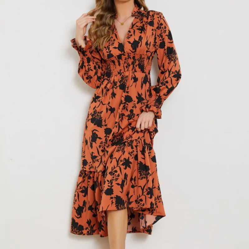 

Bohemian A-line Flower Dress 2023 Summer New V-neck Long Sleeve High Waist Print V-neck Petal Sleeve Ruffle Edge Dress Women