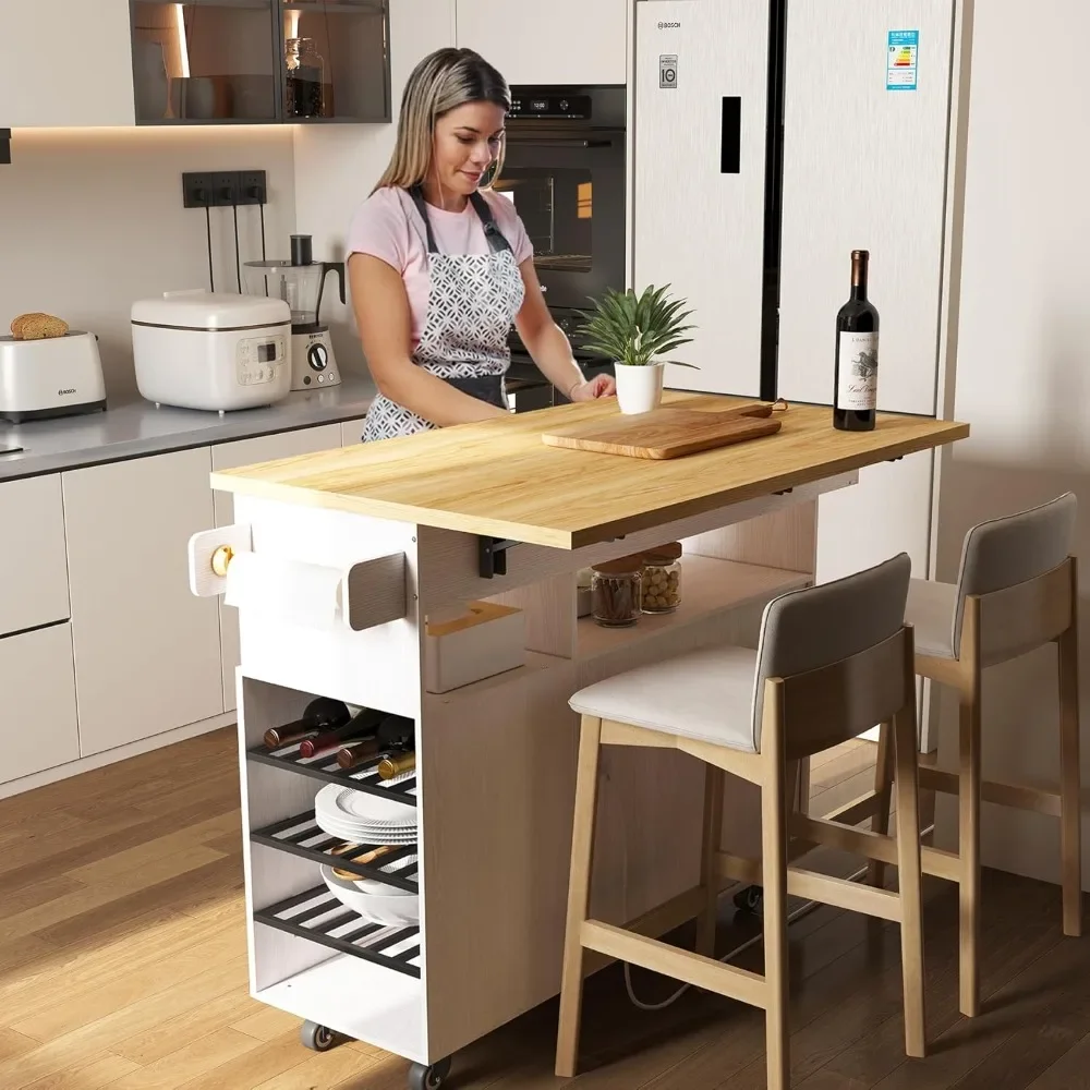 Rolling Mobile Kitchen Island Cart Bar with Desktop Drop Leaf Countertop, with 5 Wheels, with Power Socket and Towel Rack