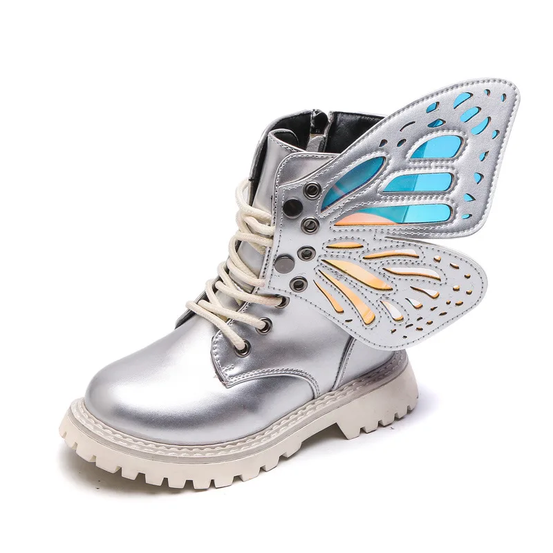 Girl Boot New Autumn Winter Fashion Butterfly Princess Botas Casual Non-slip Ankle Boot Silver Patent Leather Kid Shoe Gril Shoe