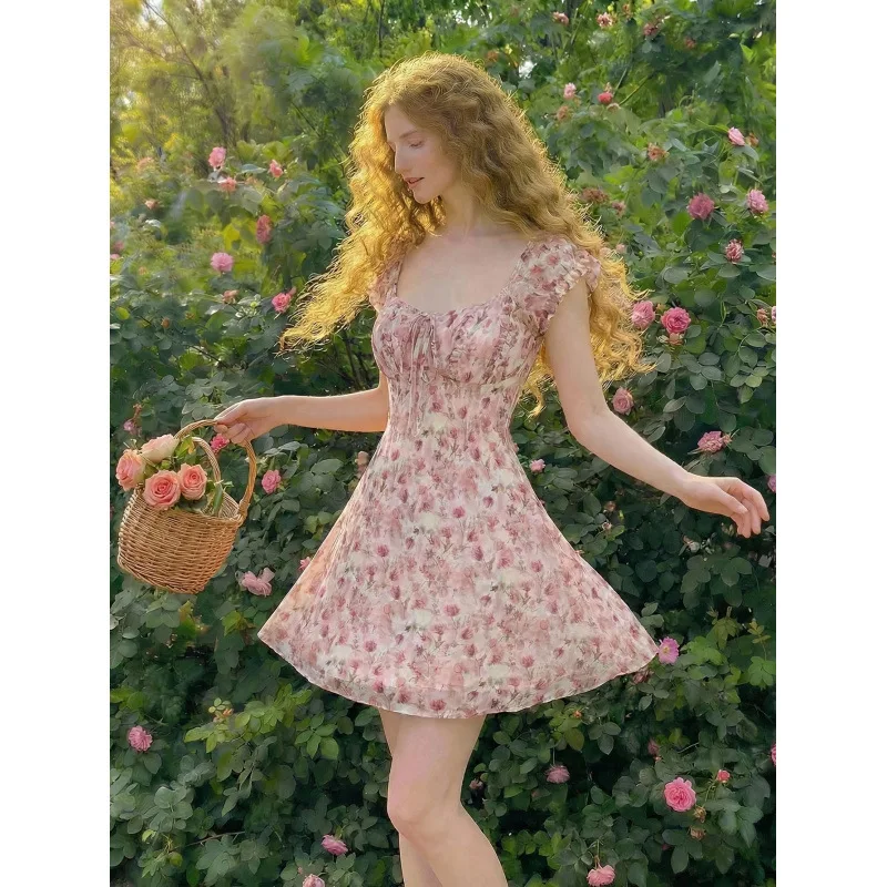 

Elegant Women Floral Print Chiffon Mini Dress Summer RomanticRuffle Sleeve Tie High Waist A-Line Dress Casual Party Dating Wear