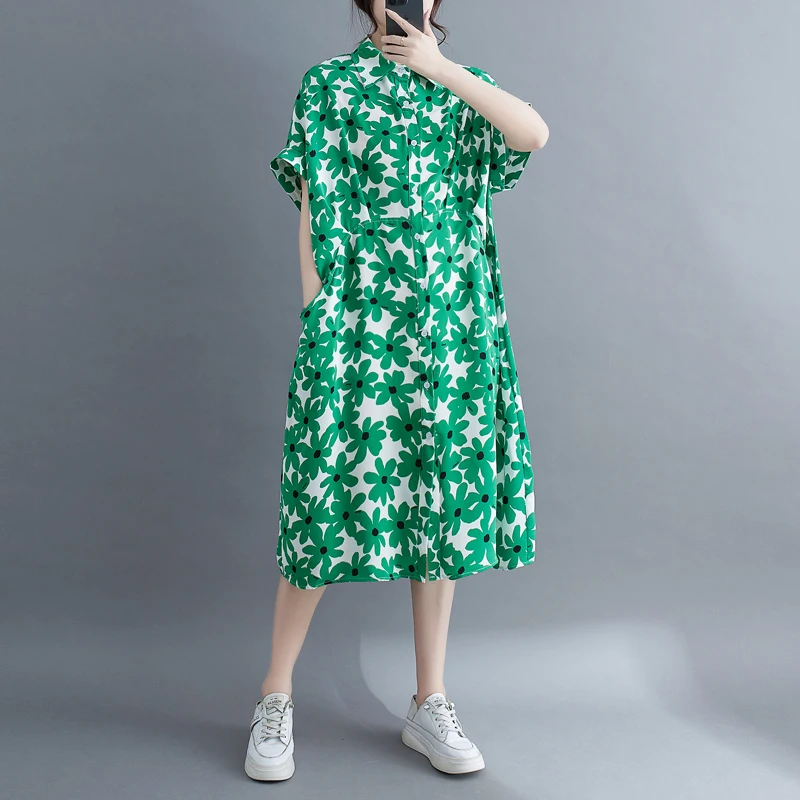 #3959 Black Green Printed A-line Buttons Front Shirt Dress Turn-down Collar Vintage Midi Dress Short Sleeve Loose Side Pockets 