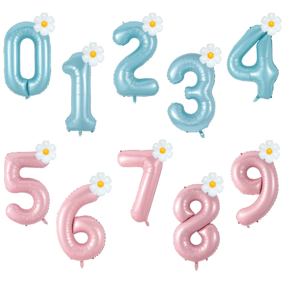 2pcs Daisy Foil Balloons Set With Macaron Pink Blue 40inch Number Balloon 0-9 Kids Birthday Party Decorations Baby Shower Globos