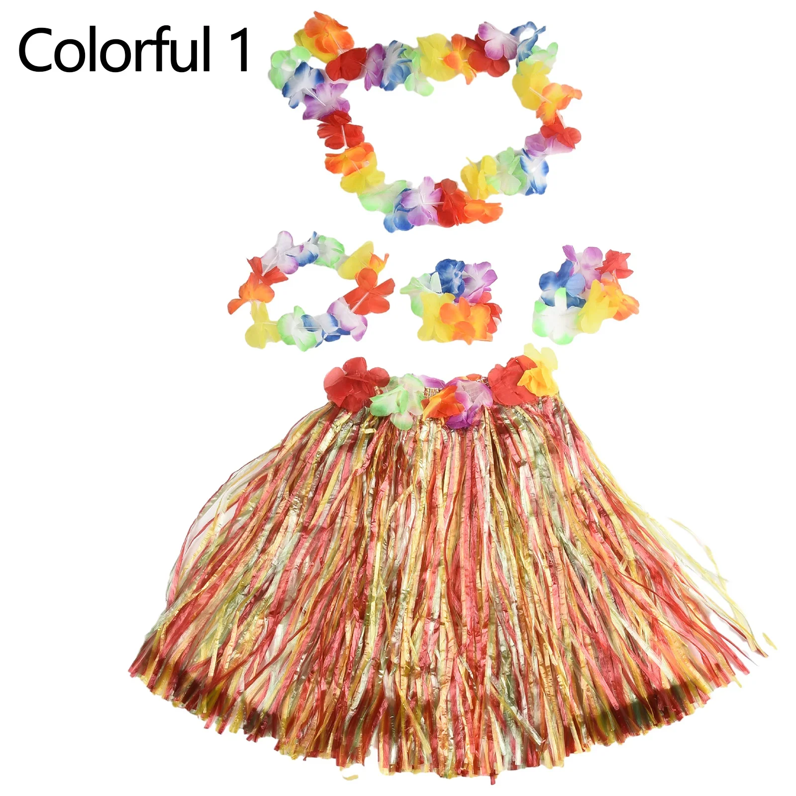 Kids Girls Hawaiian Grass Lei Skirt Flower Wristband Garland Fancy Costume Suit Flower Hula Skirt Dance Party Set Dress Up