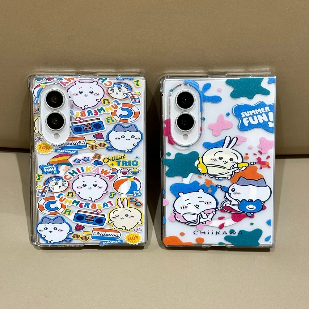Anime Chiikawa Usagi Hachiware Magnetic Holder Magsafe Wireless Charge Phone Case For Samsung Galaxy Z Fold 8 7 6 5 Hard Cover