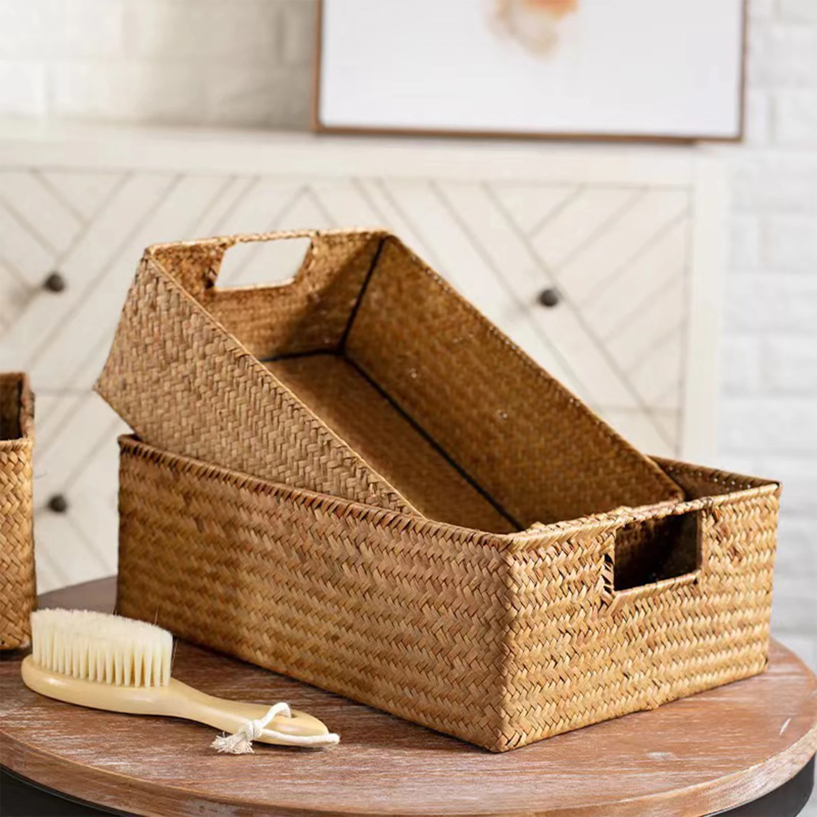 Handmade Woven Straw Storage Basket Straw Rattan Basket Picnic Basket Fruit Storage Box Cosmetic Storage Container Home Decor