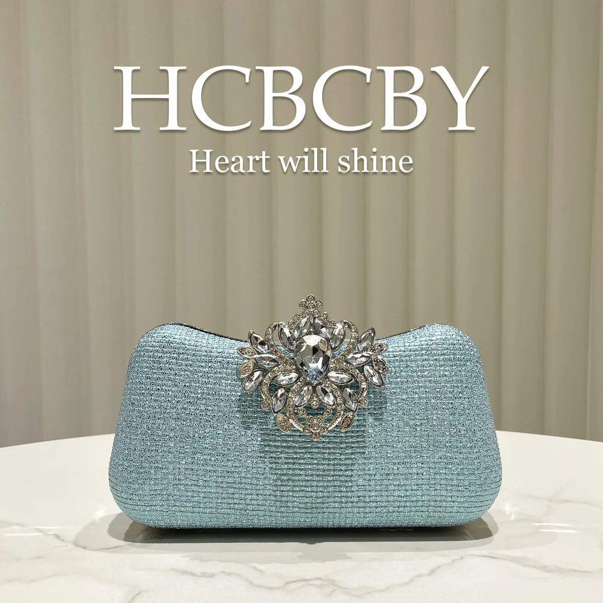 Mint green glitter rhinestone buckle decorative plaid clutch bag, women's fashionable and elegant box-shaped dinner bag