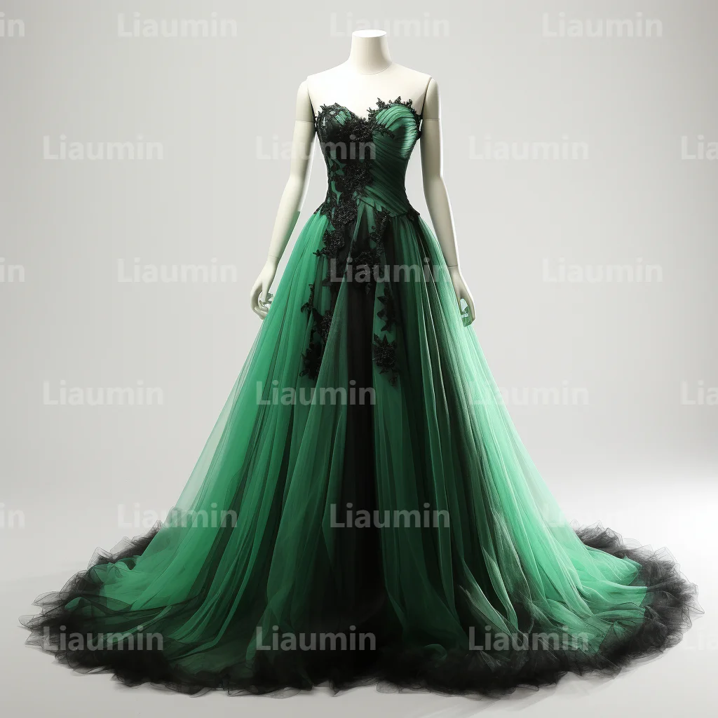 New Green Tulle And Black Strapless Evening Dress Prom Gowns A Line Full Length Formal Brithday Party Occasion Lace Up Back A2-2