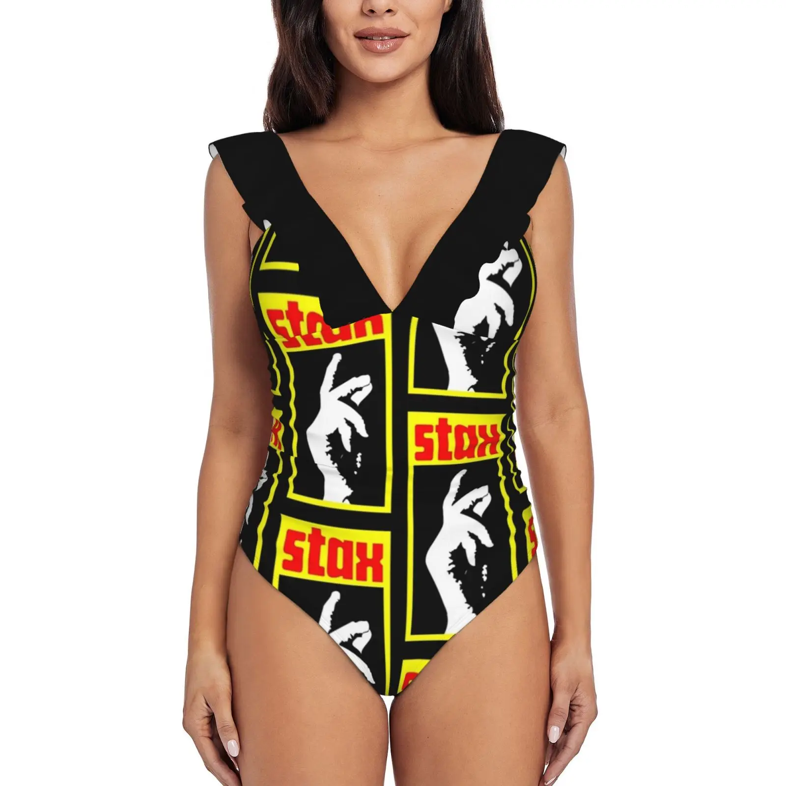 Stax Mask Ruffle Swimsuit Women'S Swimwear Monokini Beachwear Bathing Suits Northern Soul Stax Nask Records Music Northern Soul