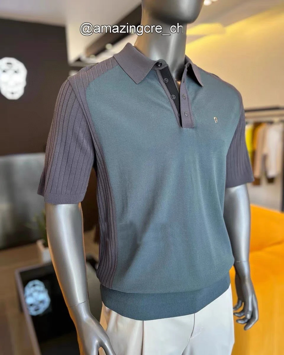 New Summer Golf Clothing Men's Trendy Cool Collar Cold Sensation Color Blocked Knitted Shirt Top Short Sleeve T Shirt