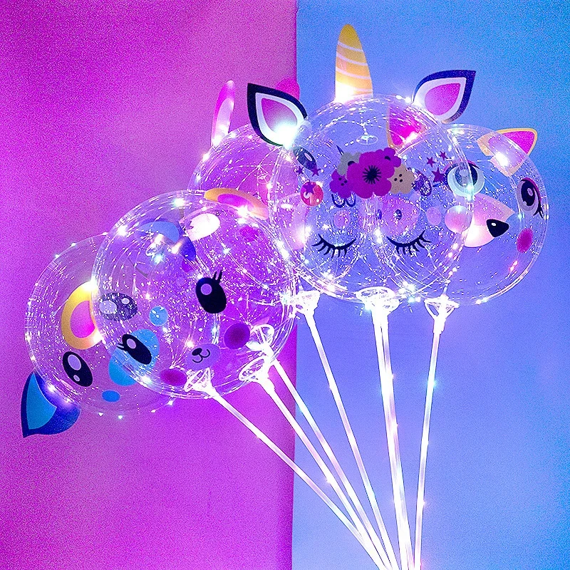 6pcs 20inch LED Light with Animal Stickers Balloon Birthday Party Decorations Baby Shower Kids Toy Balls Pig Unicorn Balloons