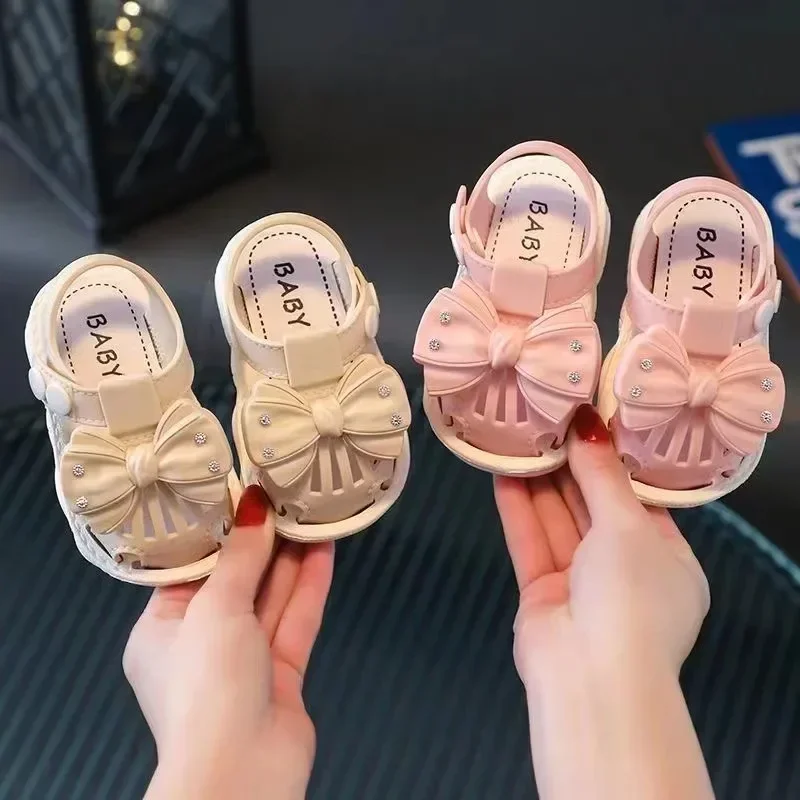 Summer Bow Baby Slippers For Children Cold Slippers Indoor Non-Slip Soft Bottom Comfort Cute Baby Hole Shoes Girls Home Slides