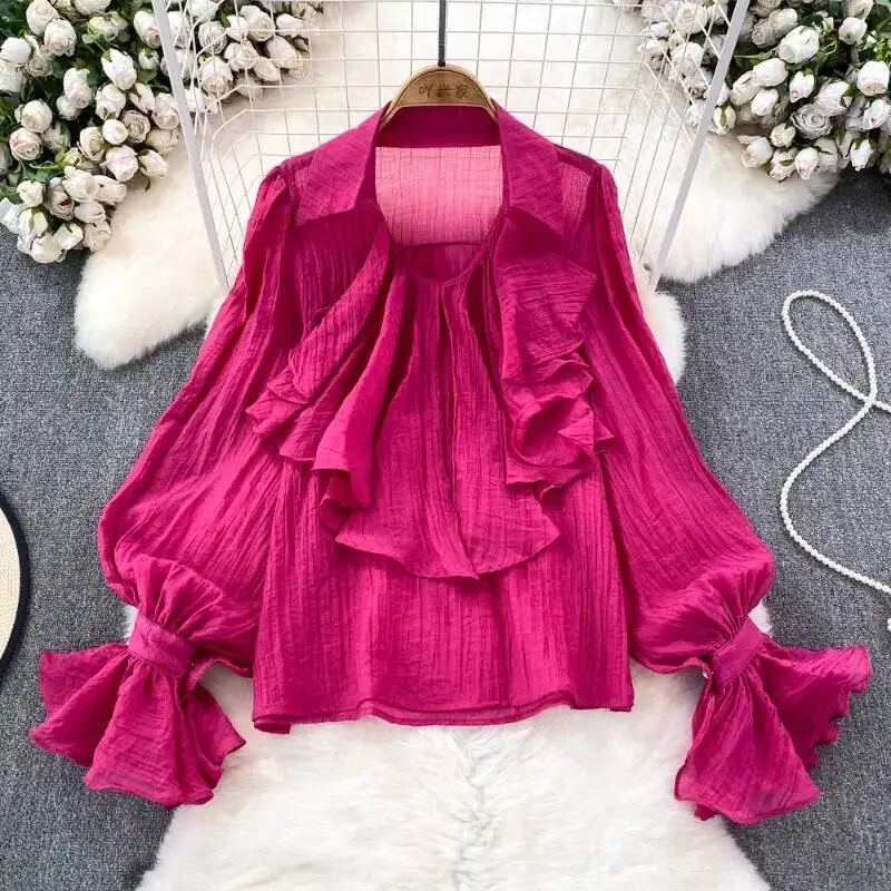 

BabYoung Spring Autumn New V-Neck Blouses Fashion Ruffles Blue Chiffon Shirts Women Y2k Flare Sleeve Loose Blusas Mujer