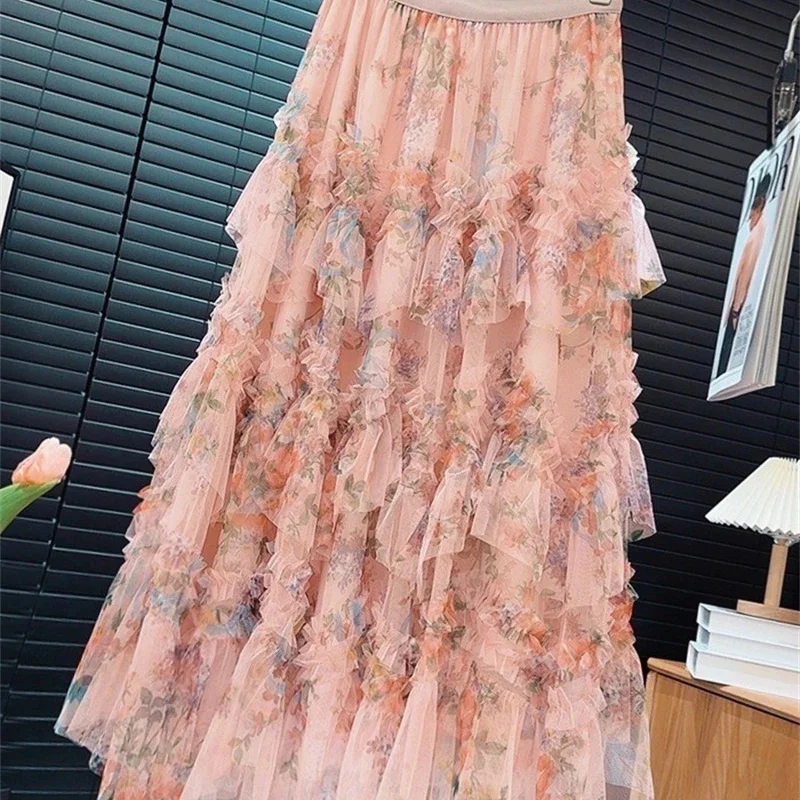 

Floral Mesh Long Skirt Women Irregular Flower Print Mesh Spring Summer French 2025 Elegant Style A-line Tulle Beach Skirts New