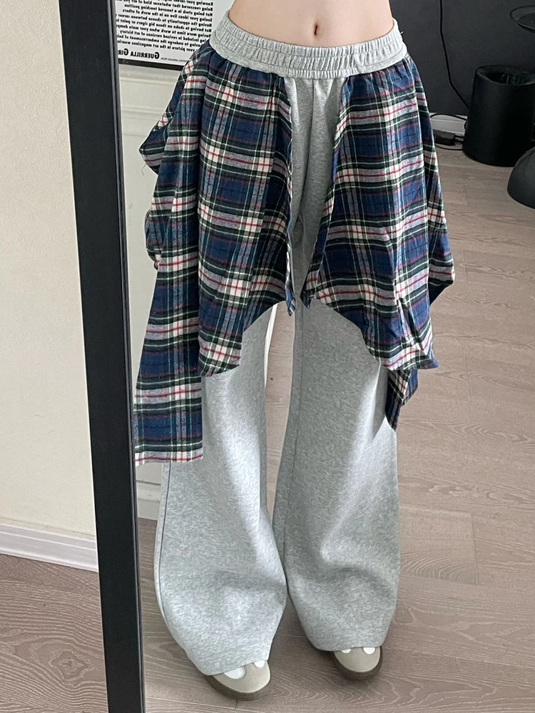 Damskie spodnie streetwear w stylu vintage, krata, imitacja dwóch warstw, patchworkowe, luźne, codzienne spodnie Harajuku, jednolite, z wysokim stanem, szerokie nogawki, nowość.