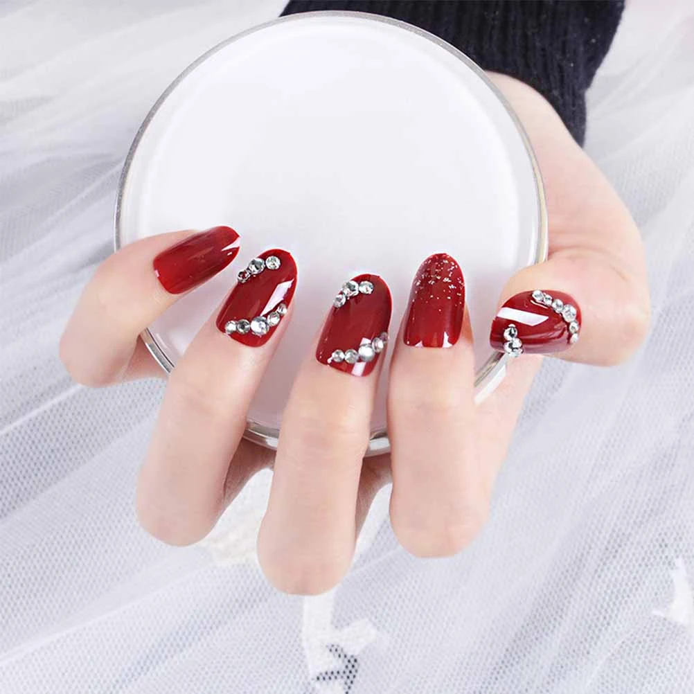 

Red Nail Stickers Fake Nails Removable Patch Nail Art Paste Rhinestones Glitters Bright Color Creative DIY