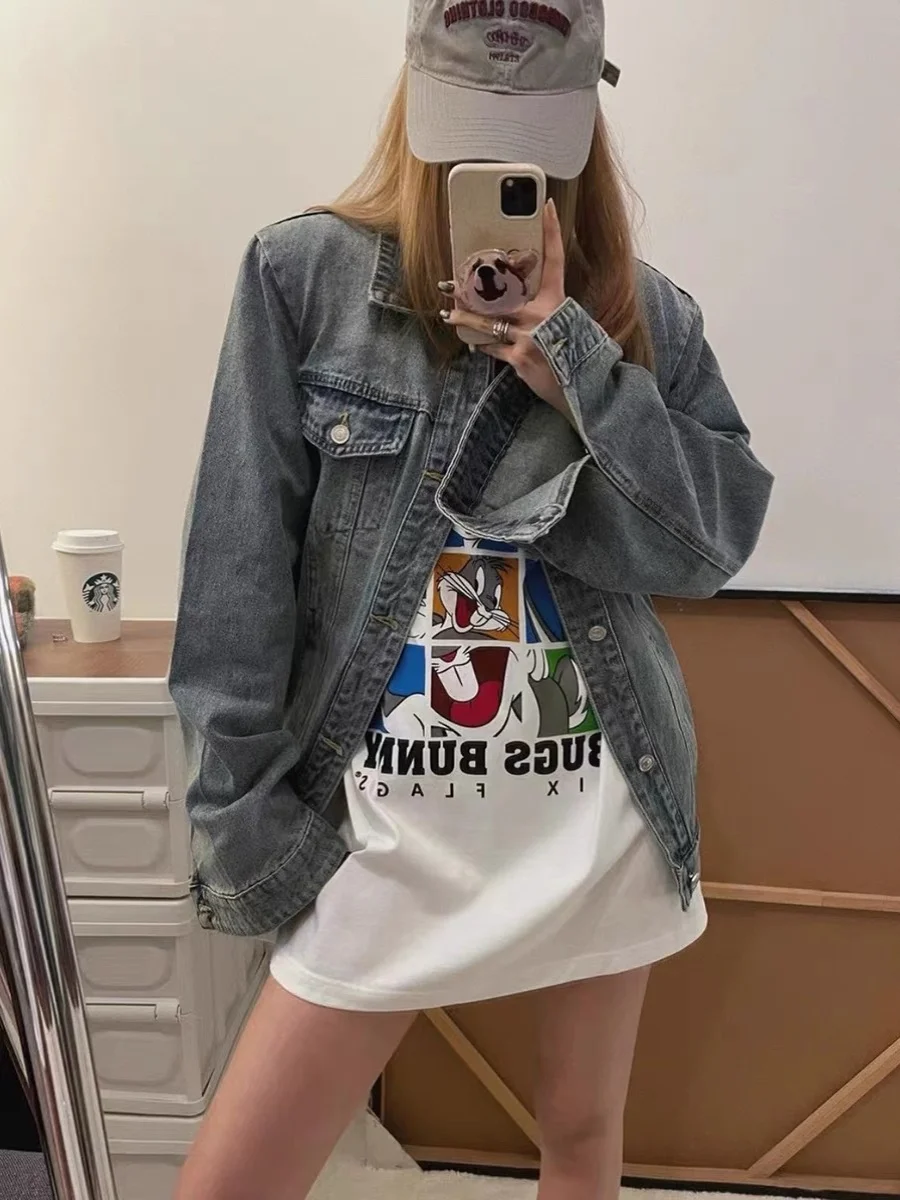 

American Retro Denim Jaet ex Casual Sle Spring Autumn New Loose Commuter Jaet Thiened Cotton Collar Button C...