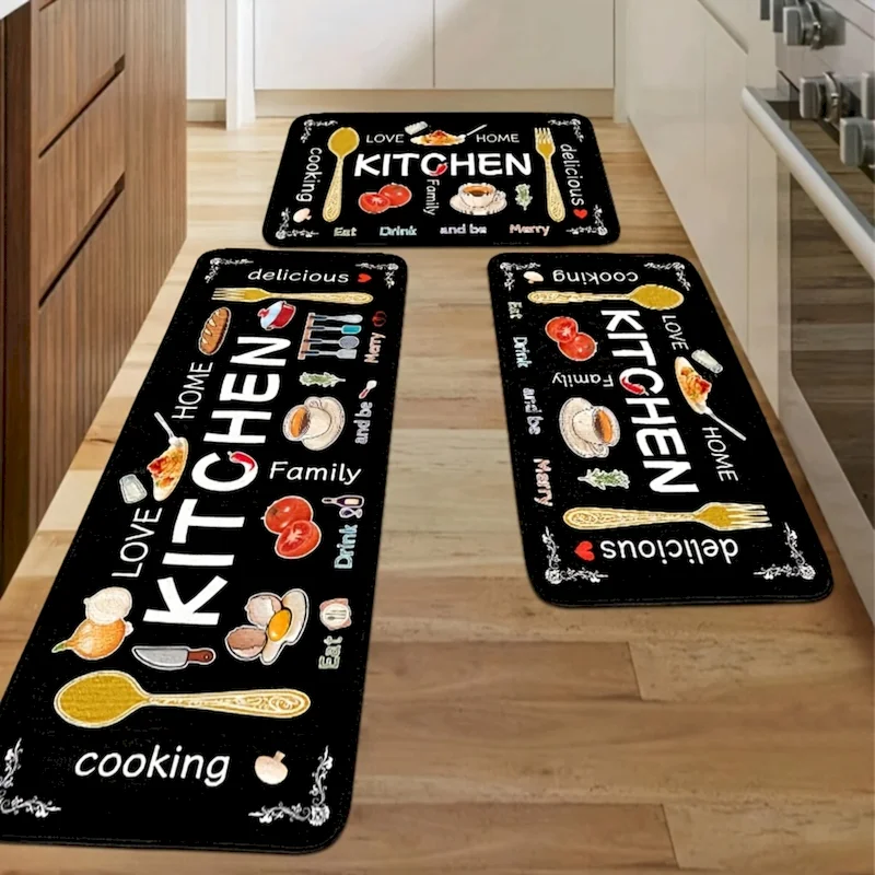 VIKAMA Kitchenware Kitchen Rug Set,Non Slip Oil Absorb Washable Anti Fatigue Mat,Black Food Letter Indoor Entry Decor Rug