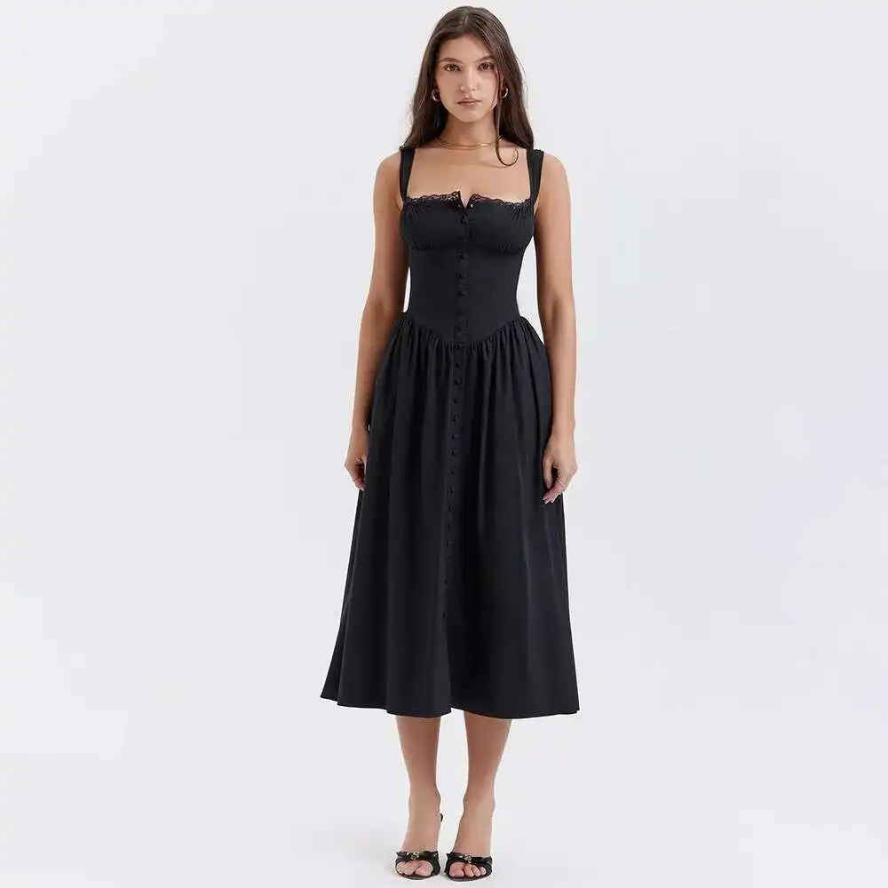 

2023 Summer Camisole Skirt with Front Buckle, Back Strap, Waist Cinched, Lace on Top of Chest Summer Dress Robe Vestido Women