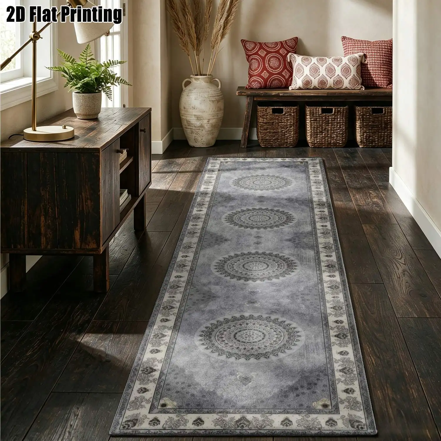 1Pc 2D Printed Strip-Shaped Runner Rug: Blue-Gray Geometric Round Patterns Nordic/Modern Minimalist/European/Retro Style, Home Decor, Multi-Size, Machine Washable, Suitable for Entryway, Hallway, Living Room, Bedroom.