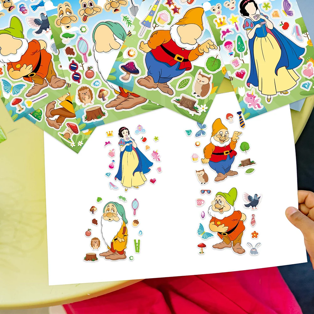 8/16Sheets Kids Make a Face Puzzle Stickers Snow White and the Seven Dwarfs DIY Assemble Jigsaw Children Education Toys Gifts