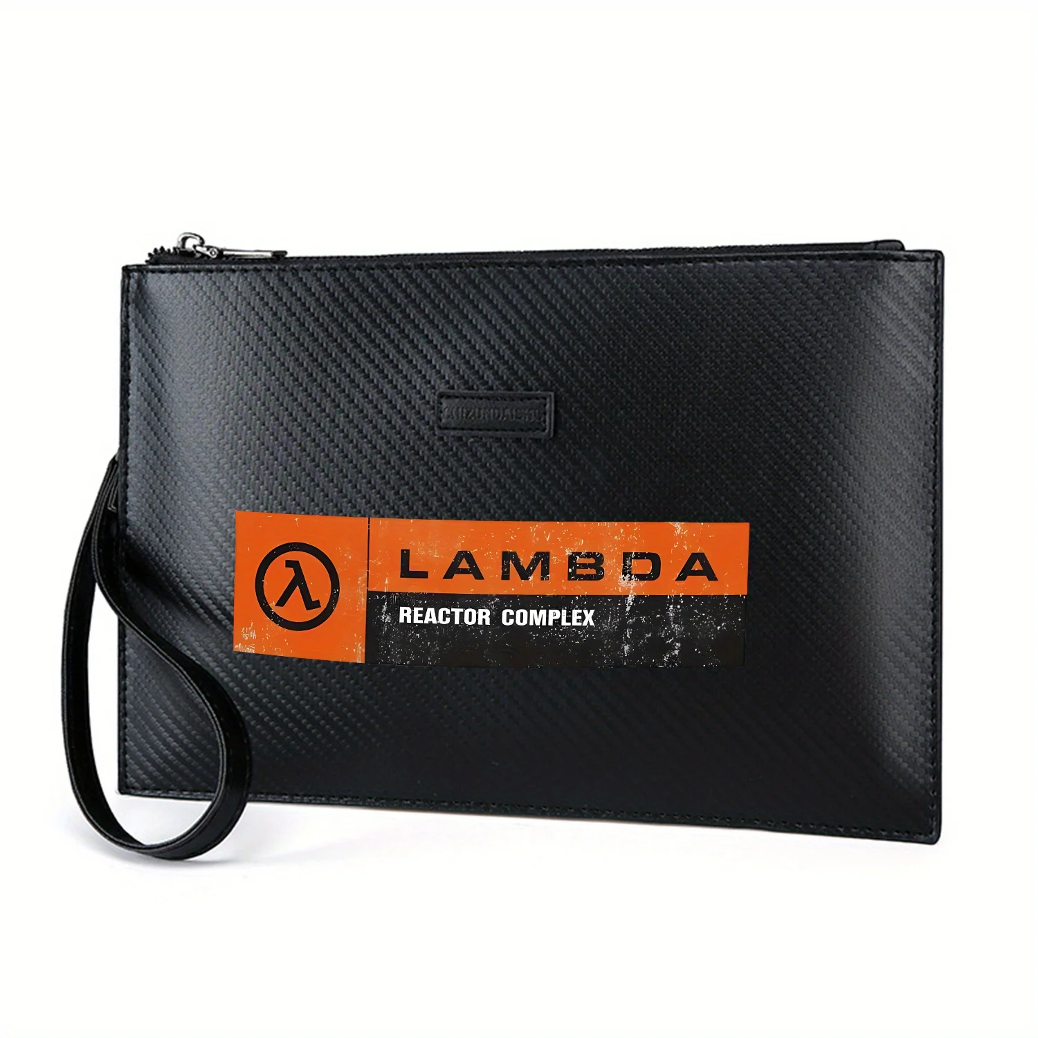 رمز لامدا، مجمع مفاعل، خلفية برتقالية أنيقة مطبوعة من البولي يوريثان حقيبة يد رجالية عصرية وعملية للحمل اليومي