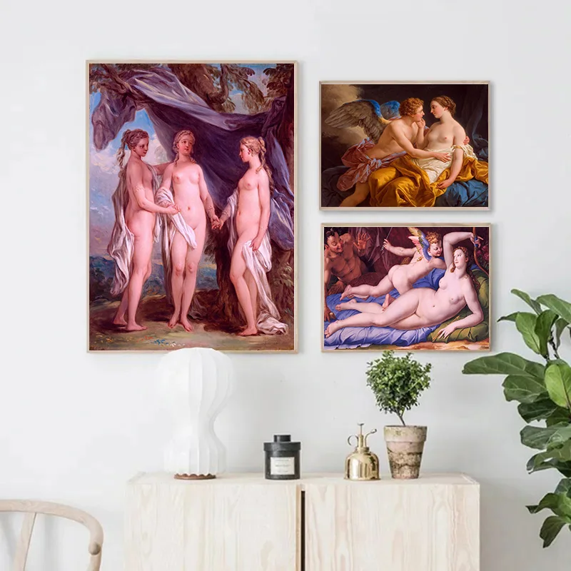 Retro Nordic Style Oil Painting Mythological Characters Canvas Poster Nude Angel Print Painting Picture for Living Room Decor