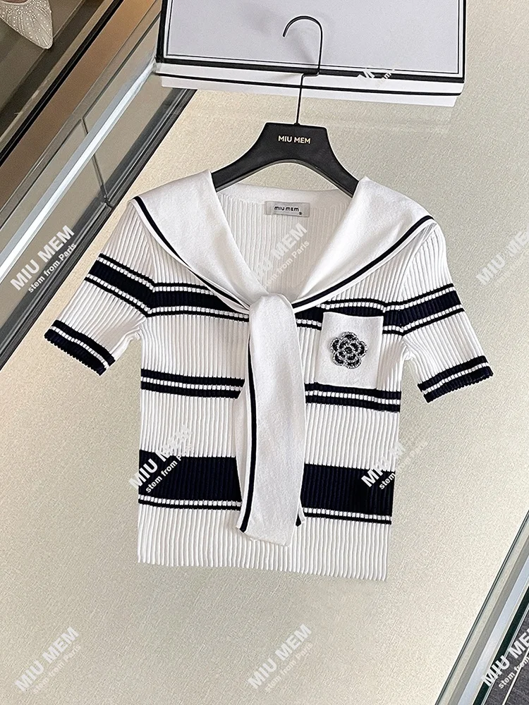 

Женский летний топ в полоску с воротником-стойкой, вязаный, в стиле преппи, высокое качество, классический крой, повседневный стиль